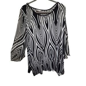 Peter Nygard Women's 3X Tunic Top Blouse‎ Black White Graphic Sheer Sleeve